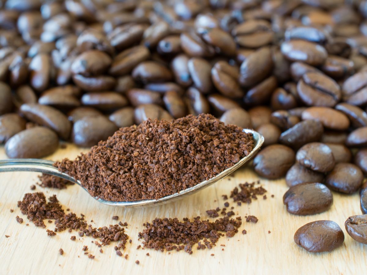 A spoon full of coffee grounds next to coffee beans on a table.