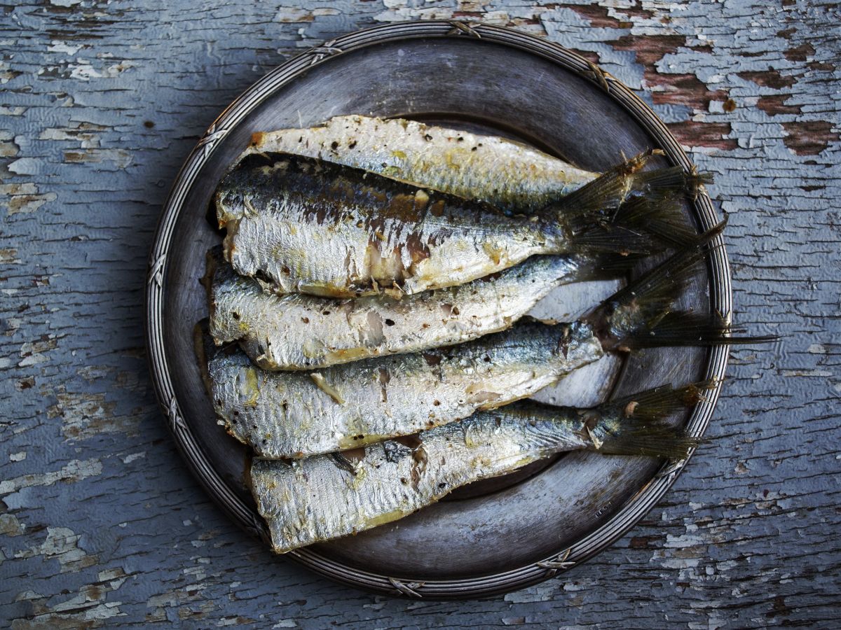 Bowl of sardines on a table.
