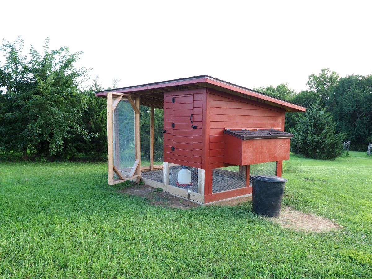Wooden chicken coop in a backyard.