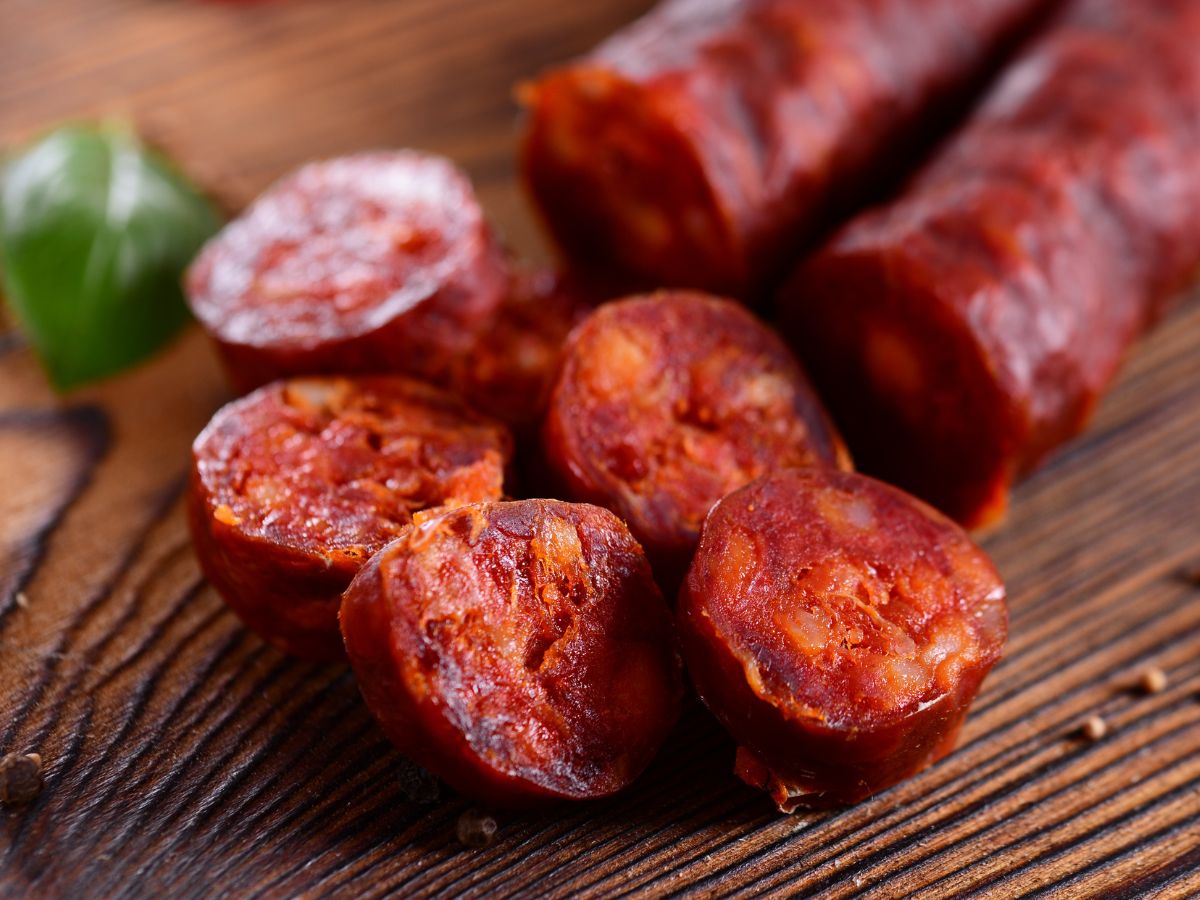 Sliced sausages close-up.