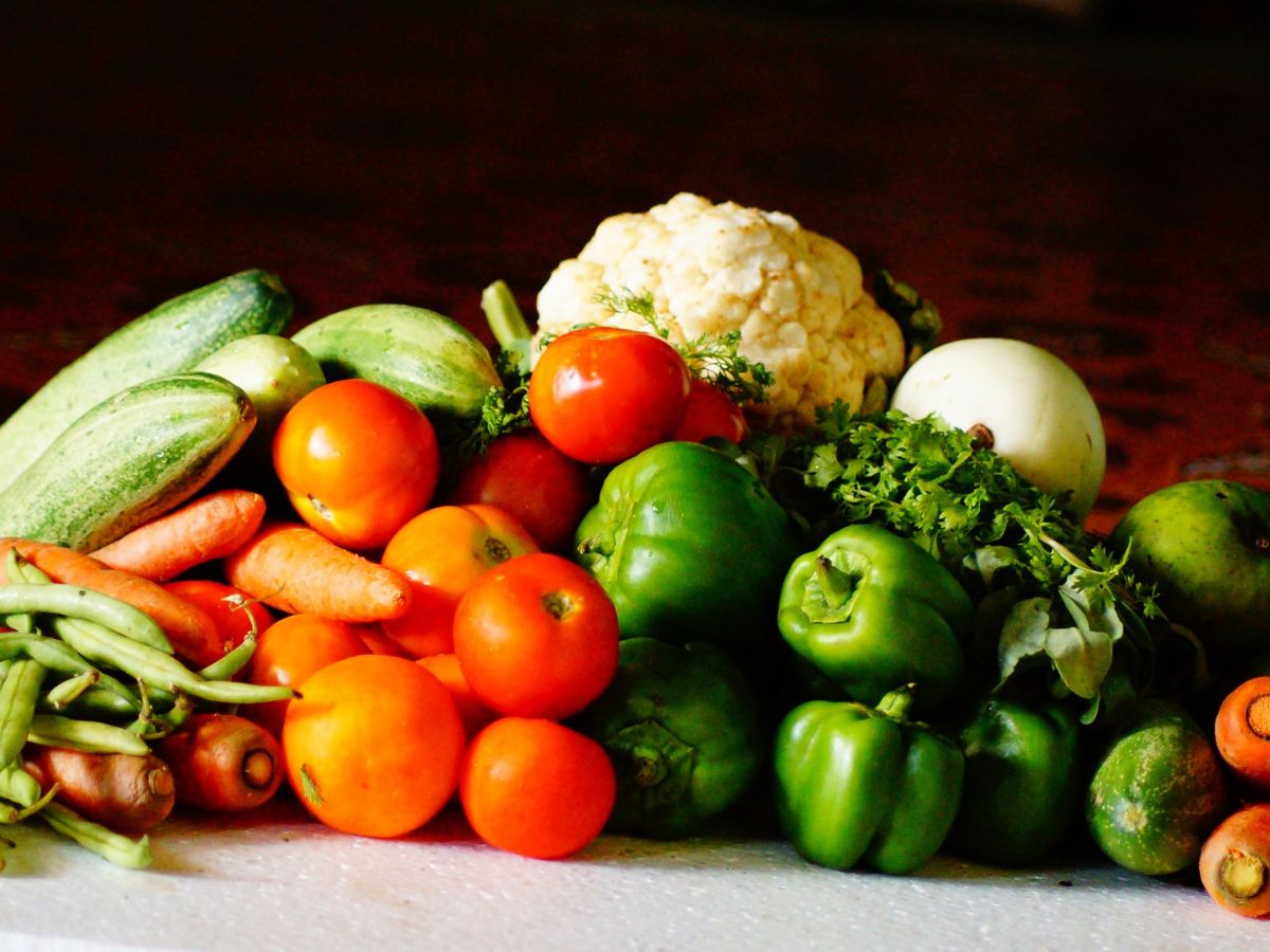 Stacks of different types of vegetables.