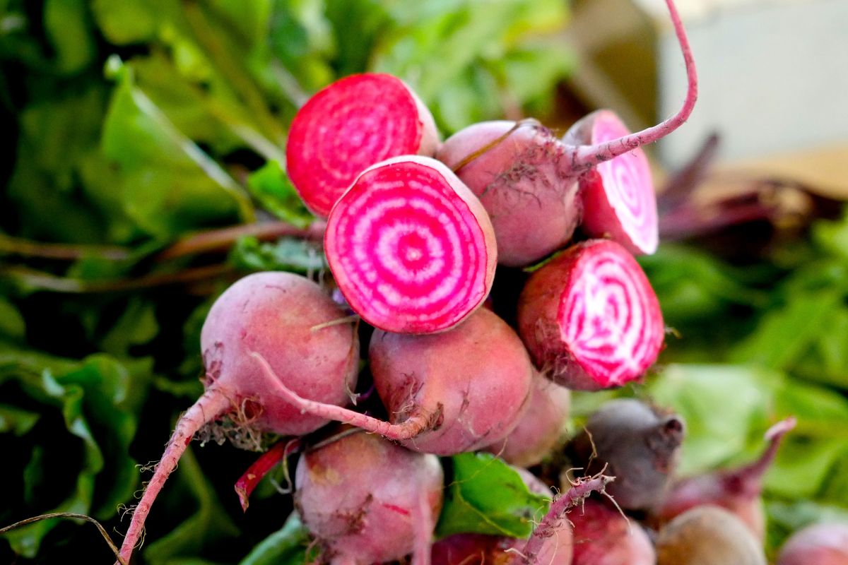 A close-up of whole and sliced organic beets.