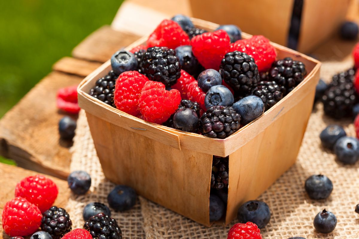 Different varieties of fresh ripe berries in a small crate on a table.
