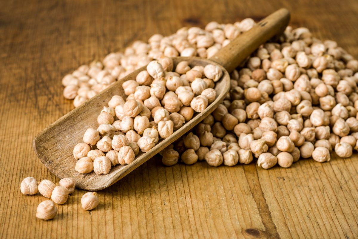 A pile of fresh chickpeas with a wooden spoon on a wooden table.