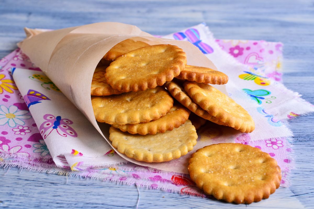 A package of homemade crackers on a table.