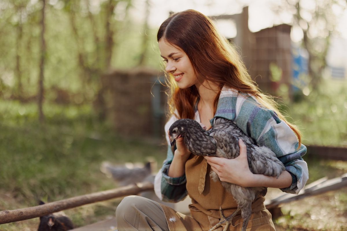 Young smiling woman holding a healthy chicken.