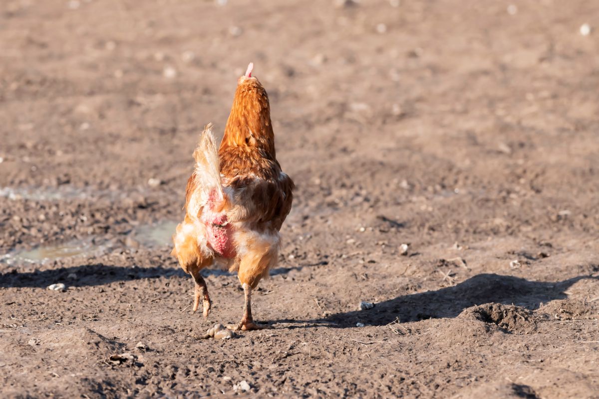 Chicken with red bottom and missing feathers in a backyard.