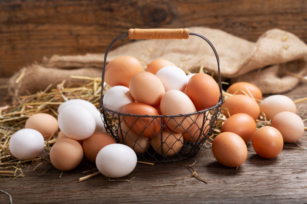 Basket full of colorful eggs is on the table with eggs around.