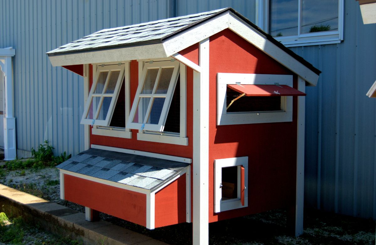 Modern-looking chicken coop with windows.