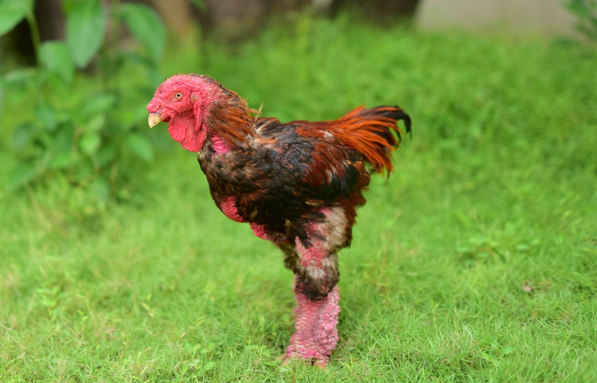 An adorable Dragon rooster wandering on a green pasture.