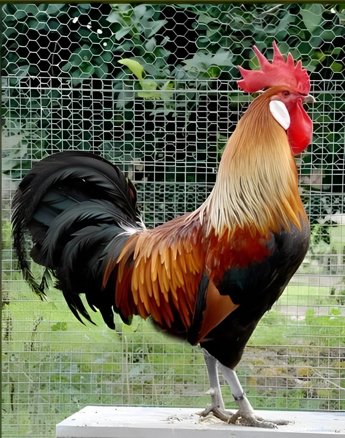 A beautiful Utrerana rooster standing on a wooden board.