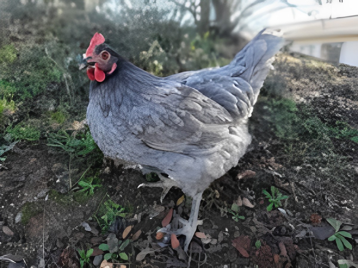 An adorable Extremeña hen on a backyard hill.